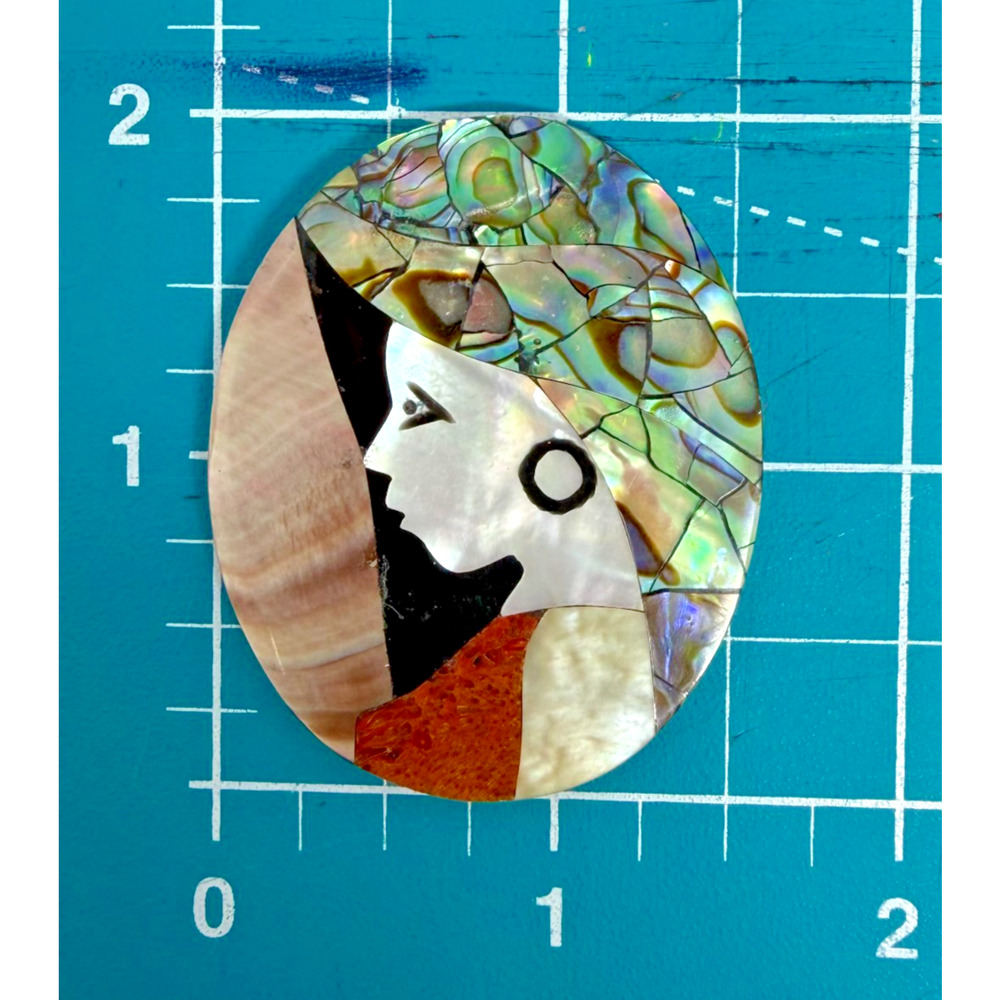Abalone Shell Mosaic Pendant Inlay Oval Woman Face Art Cabochon 2" - Picture 5 of 5